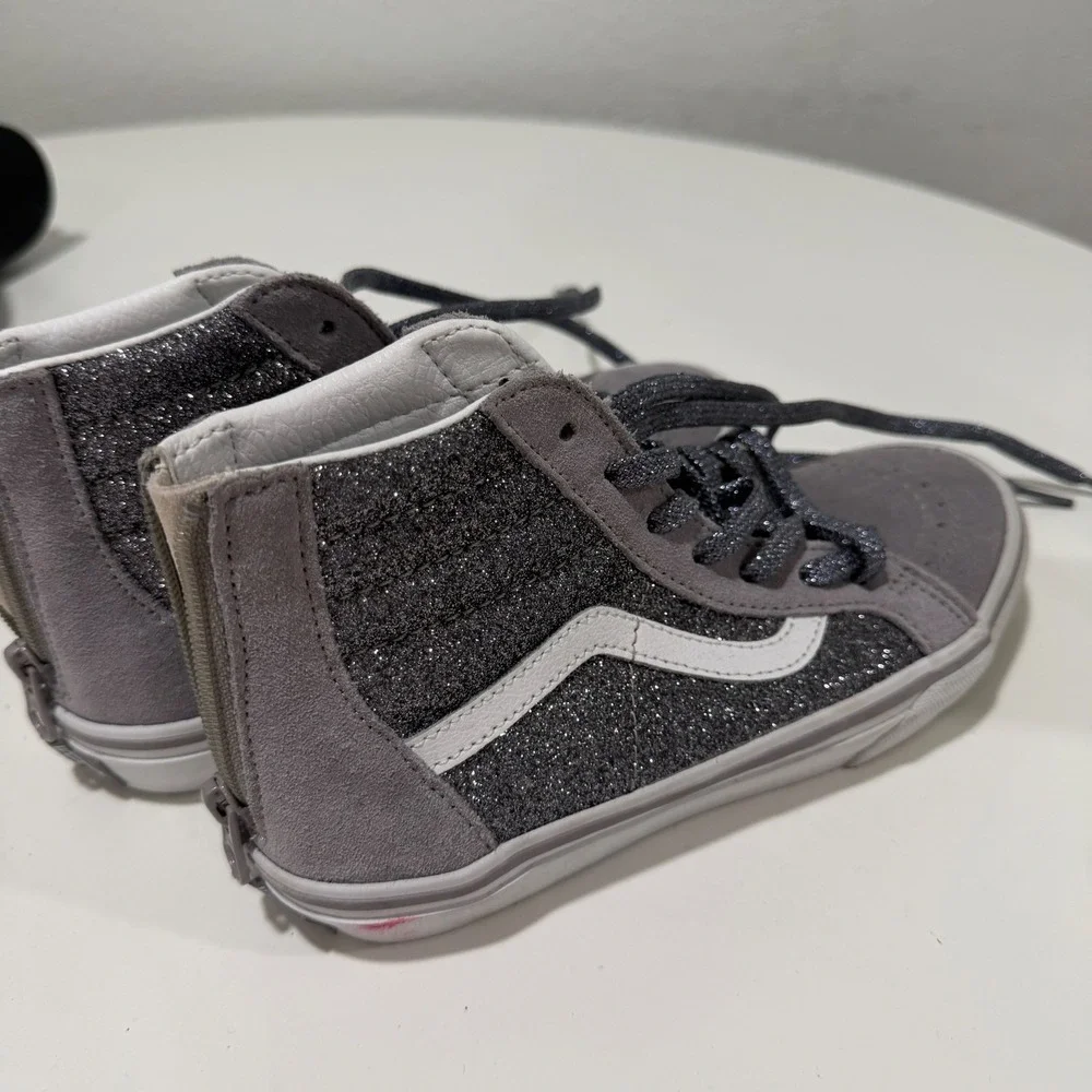 Vans Zip Kids 2.5 Grey Suede Glitter High Top Sneakers Grey White